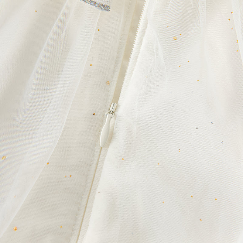 فستان شبكي أبيض صيفي للفتيات مع تطريز ووشاح كتف زخرفي (يشمل حقيبة كروس)