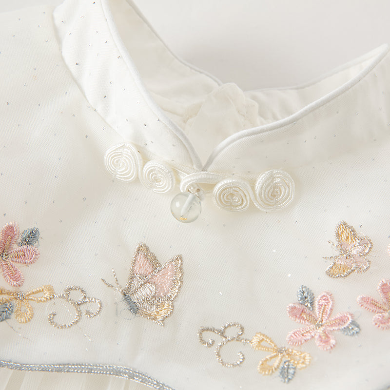 فستان شبكي أبيض صيفي للفتيات مع تطريز ووشاح كتف زخرفي (يشمل حقيبة كروس)