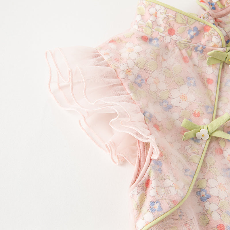 فستان صيفي للبنات بتصميم صيني مزخرف بالزهور (يشمل حقيبة كروس)