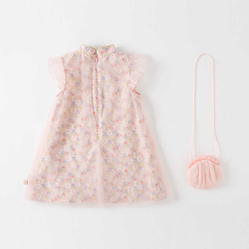 فستان صيفي للبنات بتصميم صيني مزخرف بالزهور (يشمل حقيبة كروس)