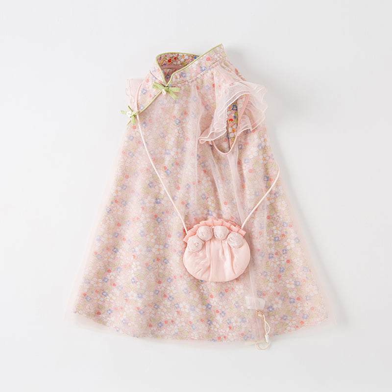 فستان صيفي للبنات بتصميم صيني مزخرف بالزهور (يشمل حقيبة كروس)