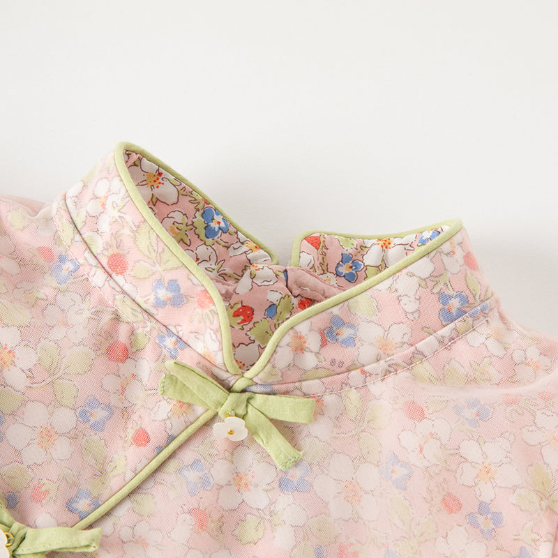 فستان صيفي للبنات بتصميم صيني مزخرف بالزهور (يشمل حقيبة كروس)