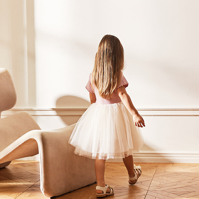 فستان شبكي بناتي لصيف بتصميم طائر البجعة الوردي مع طبعة