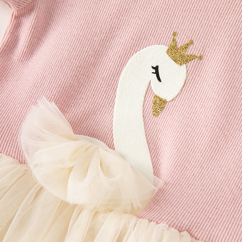 فستان شبكي بناتي لصيف بتصميم طائر البجعة الوردي مع طبعة