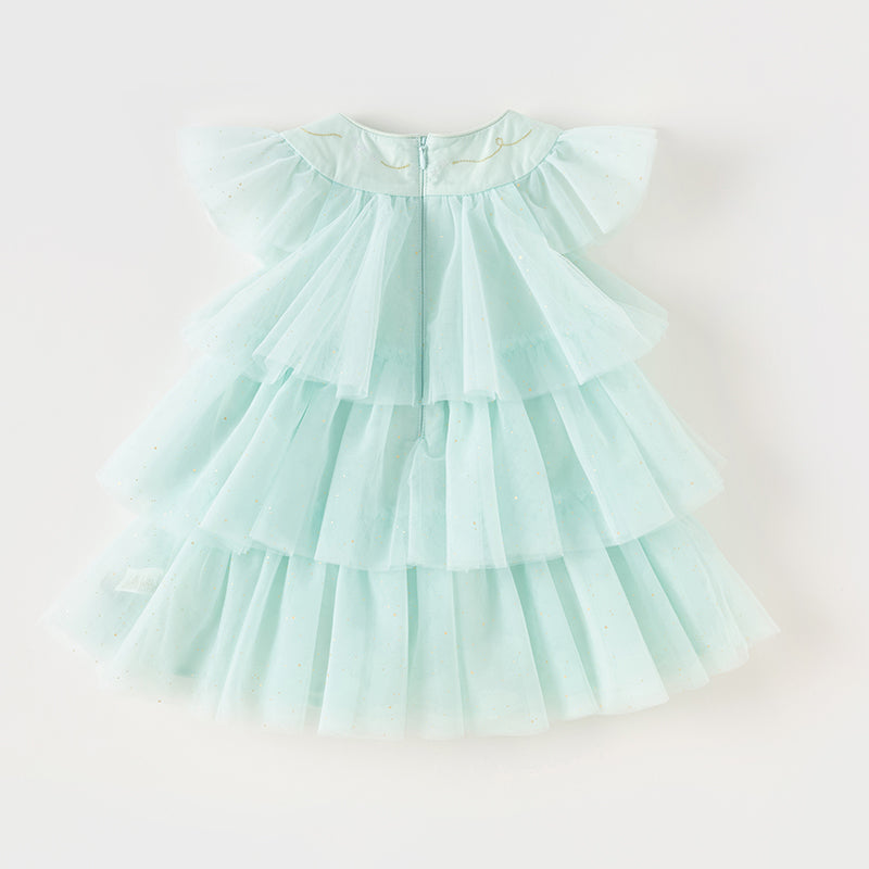 فستان بنات صيفي شبكي باللون الأخضر الفيروزي الفاتح بتنورة كيك متعددة الطبقات