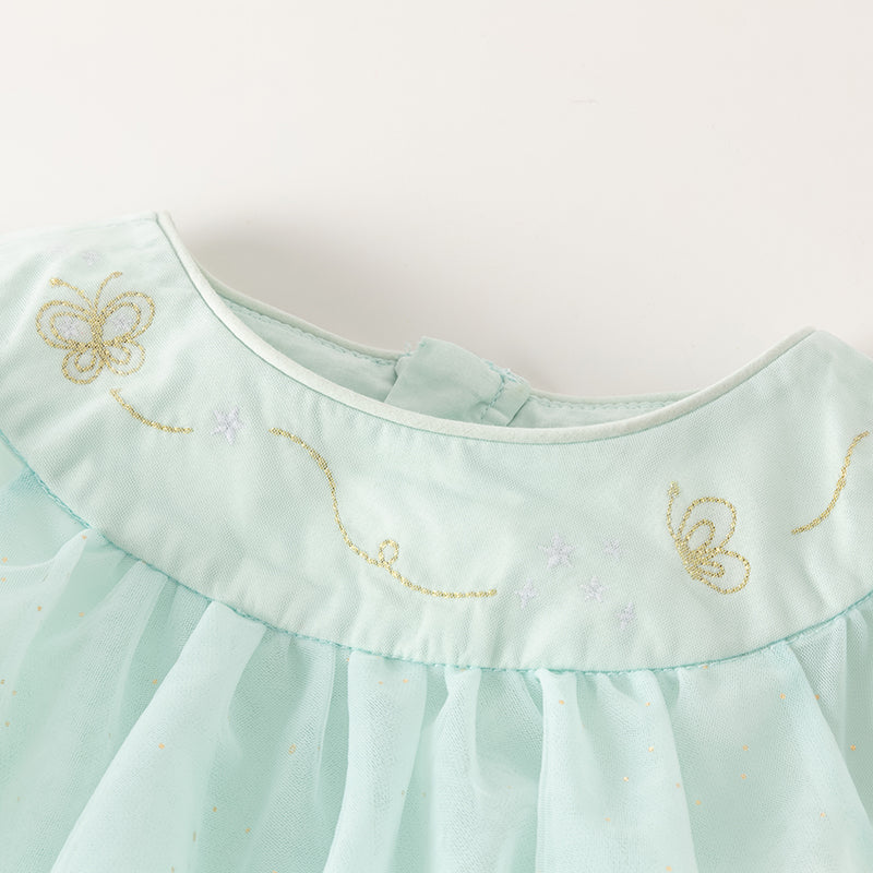 فستان بنات صيفي شبكي باللون الأخضر الفيروزي الفاتح بتنورة كيك متعددة الطبقات