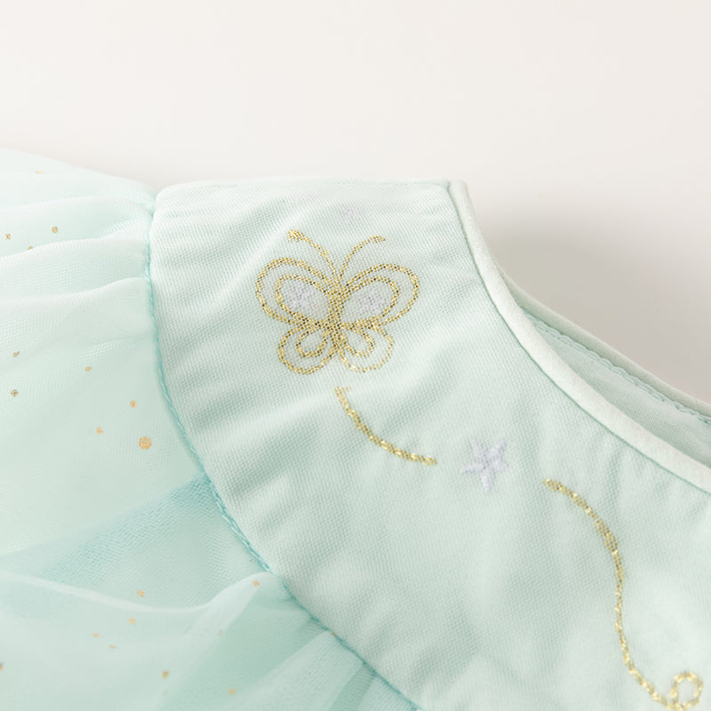 فستان بنات صيفي شبكي باللون الأخضر الفيروزي الفاتح بتنورة كيك متعددة الطبقات