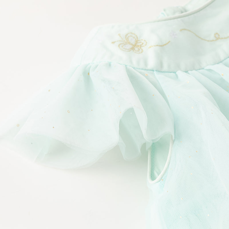 فستان بنات صيفي شبكي باللون الأخضر الفيروزي الفاتح بتنورة كيك متعددة الطبقات