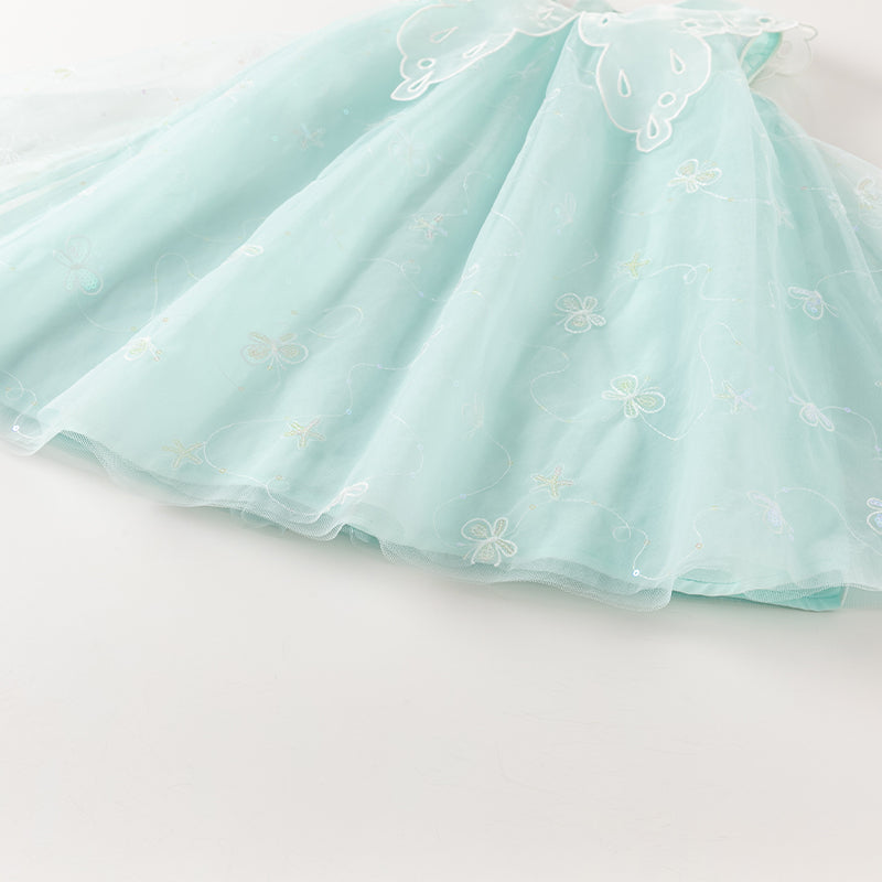 فستان صيفي للبنات، أخضر فيروزي فاتح، شبكي، أسلوب أميرة مع زينة فراشة رومانسية