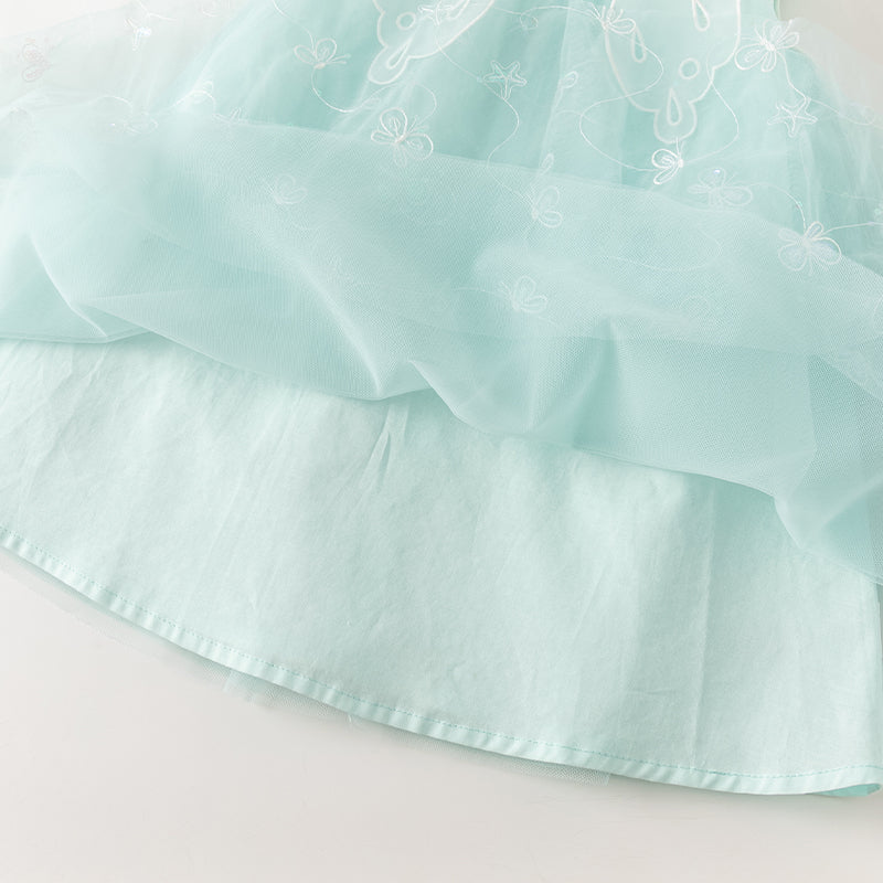 فستان صيفي للبنات، أخضر فيروزي فاتح، شبكي، أسلوب أميرة مع زينة فراشة رومانسية