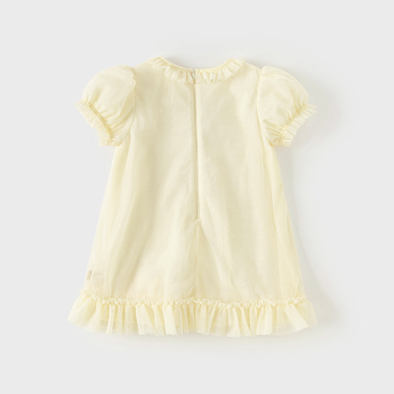 فستان صيفي للبنات الصغيرات من التول باللون الأصفر مزين برسمة قناديل البحر