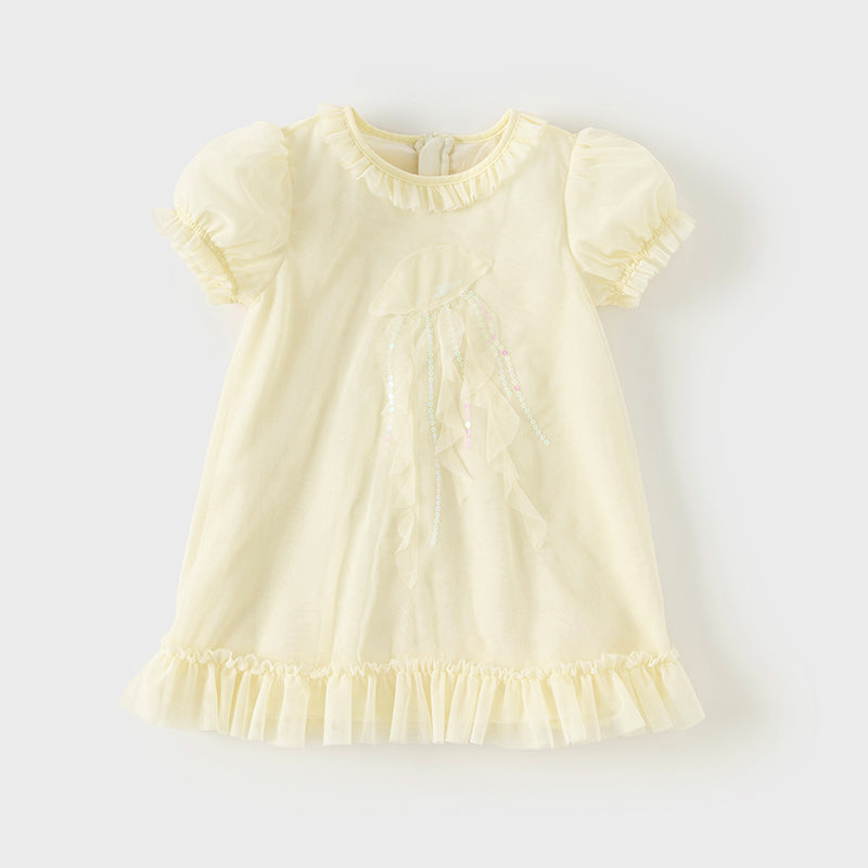 فستان صيفي للبنات الصغيرات من التول باللون الأصفر مزين برسمة قناديل البحر