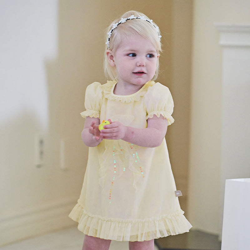 فستان صيفي للبنات الصغيرات من التول باللون الأصفر مزين برسمة قناديل البحر