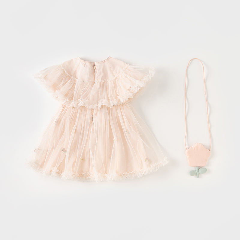 فستان صيفي للبنات الصغيرات من التول باللون الوردي الفاتح بتصميم لطيف (يشمل حقيبة كروس)