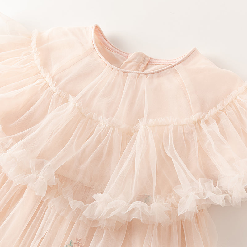 فستان صيفي للبنات الصغيرات من التول باللون الوردي الفاتح بتصميم لطيف (يشمل حقيبة كروس)