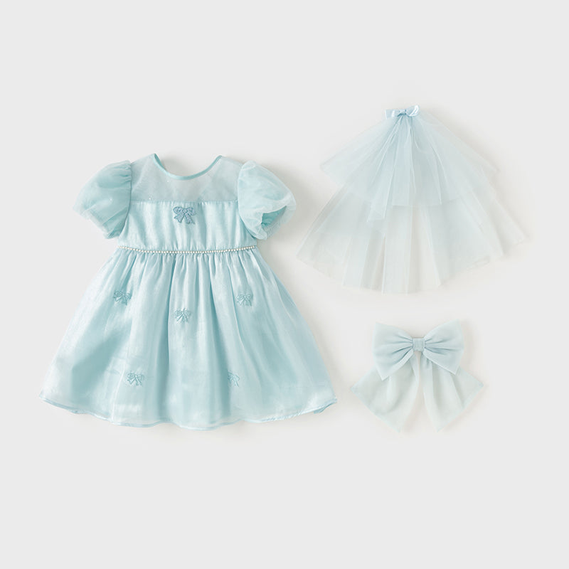 فستان بنات صيفي من التول باللون الأزرق الجليدي تصميم أميري أنيق