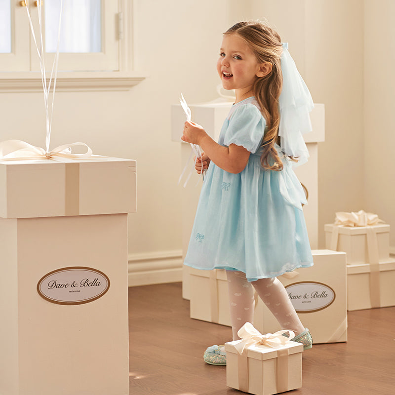 فستان بنات صيفي من التول باللون الأزرق الجليدي تصميم أميري أنيق