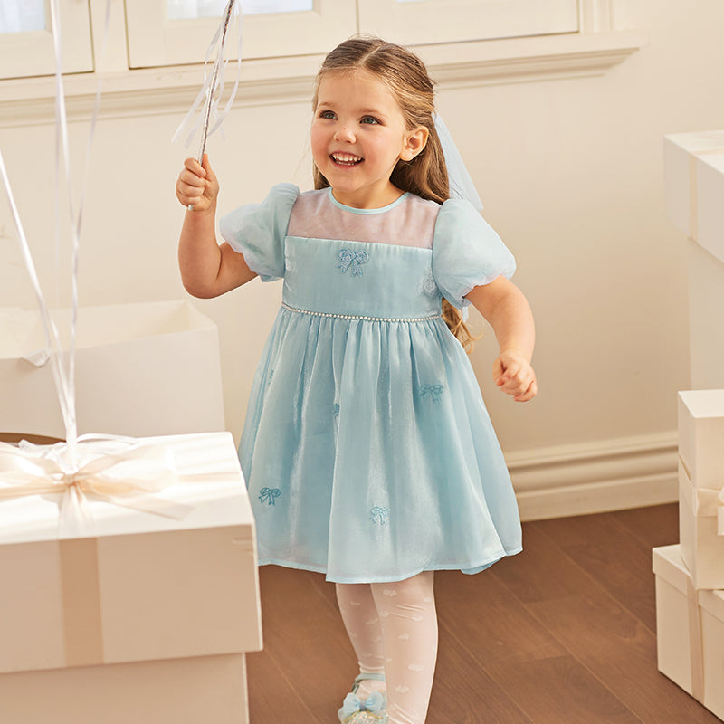 فستان بنات صيفي من التول باللون الأزرق الجليدي تصميم أميري أنيق