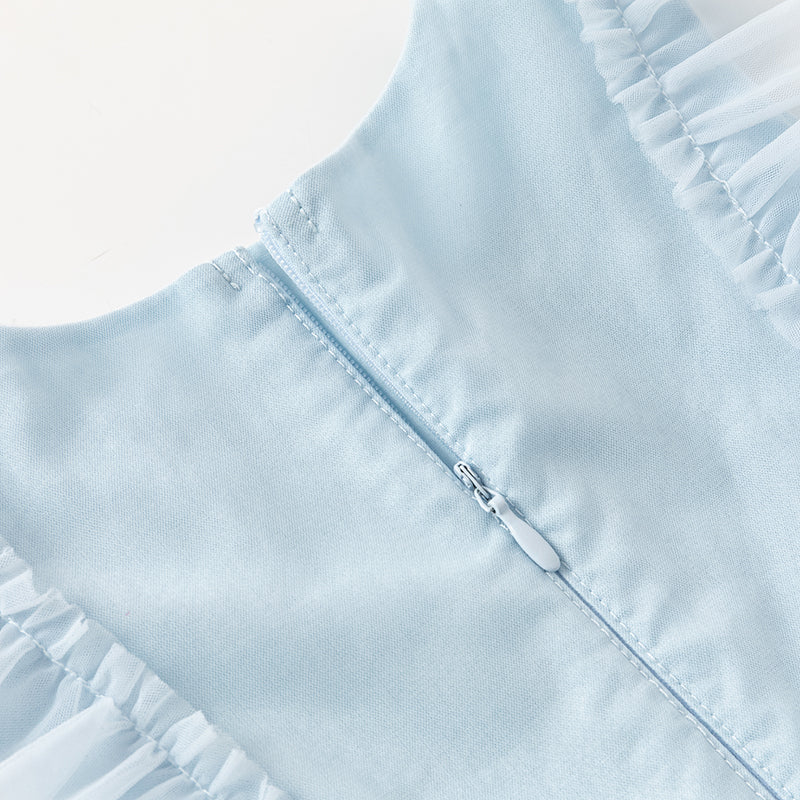 فستان أميرة شبكي متعدد الطبقات بلا أكمام باللون الأزرق لفصل الصيف للفتيات