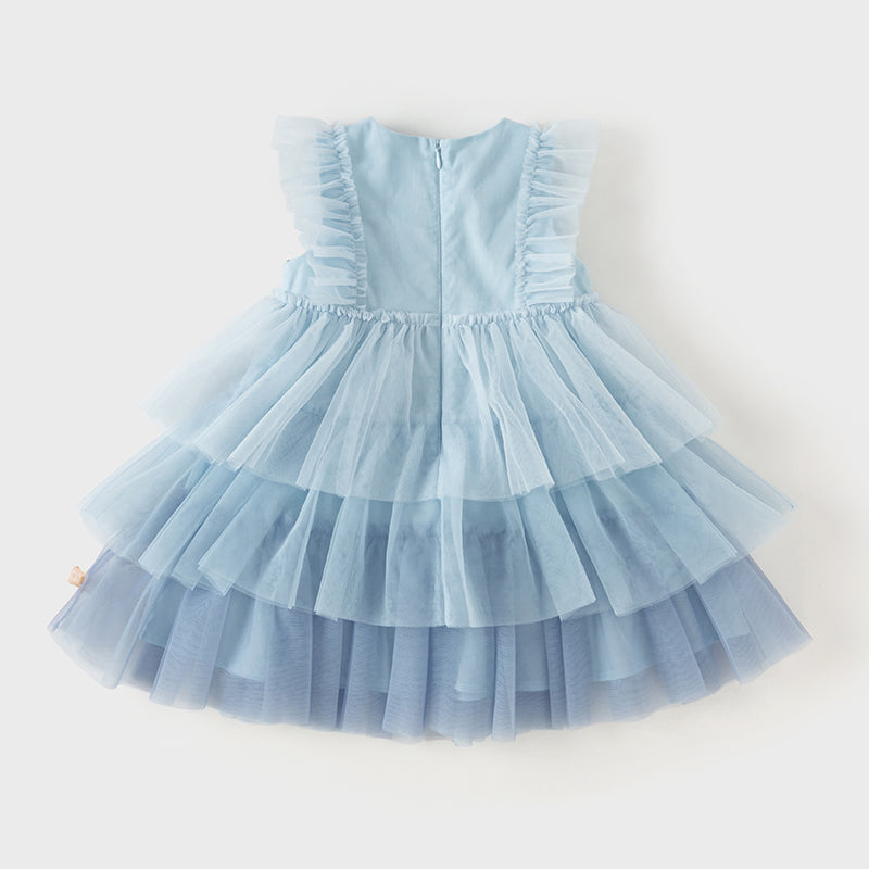 فستان أميرة شبكي متعدد الطبقات بلا أكمام باللون الأزرق لفصل الصيف للفتيات