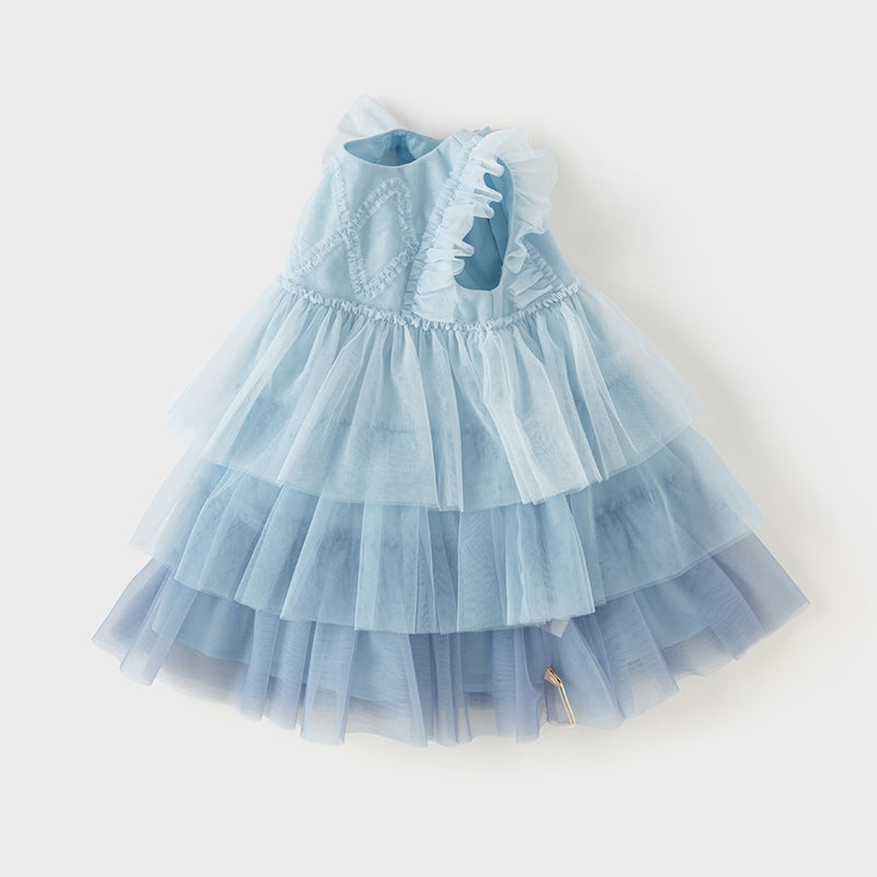 فستان أميرة شبكي متعدد الطبقات بلا أكمام باللون الأزرق لفصل الصيف للفتيات