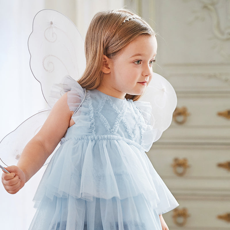 فستان أميرة شبكي متعدد الطبقات بلا أكمام باللون الأزرق لفصل الصيف للفتيات