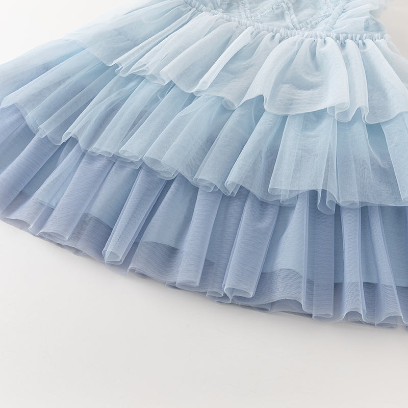 فستان أميرة شبكي متعدد الطبقات بلا أكمام باللون الأزرق لفصل الصيف للفتيات