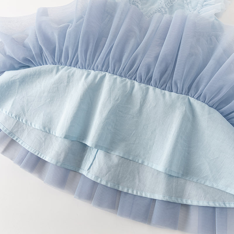 فستان أميرة شبكي متعدد الطبقات بلا أكمام باللون الأزرق لفصل الصيف للفتيات