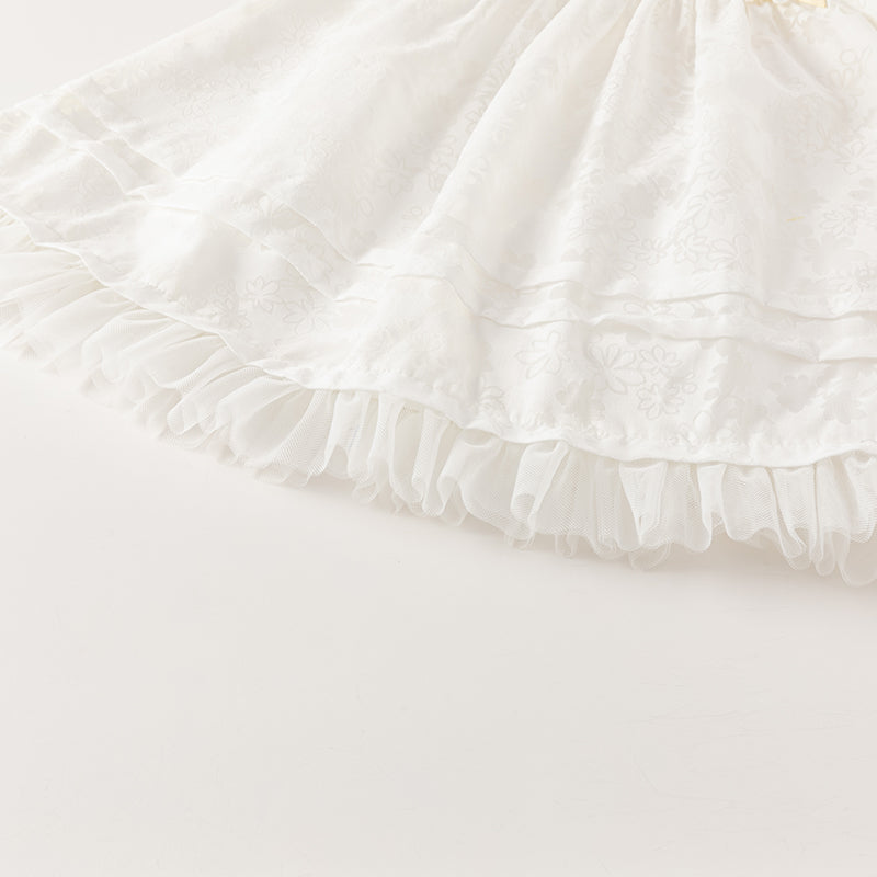 فستان صيفي للبنات الصغيرات من التول الأبيض بأكمام فقاعة وتنورة على شكل حرف A