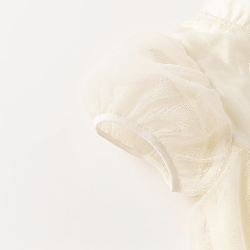 فستان بنات صيفي من التول باللون الأصفر الزجاجي بأسلوب صيني عصري (يشمل حقيبة كروس)