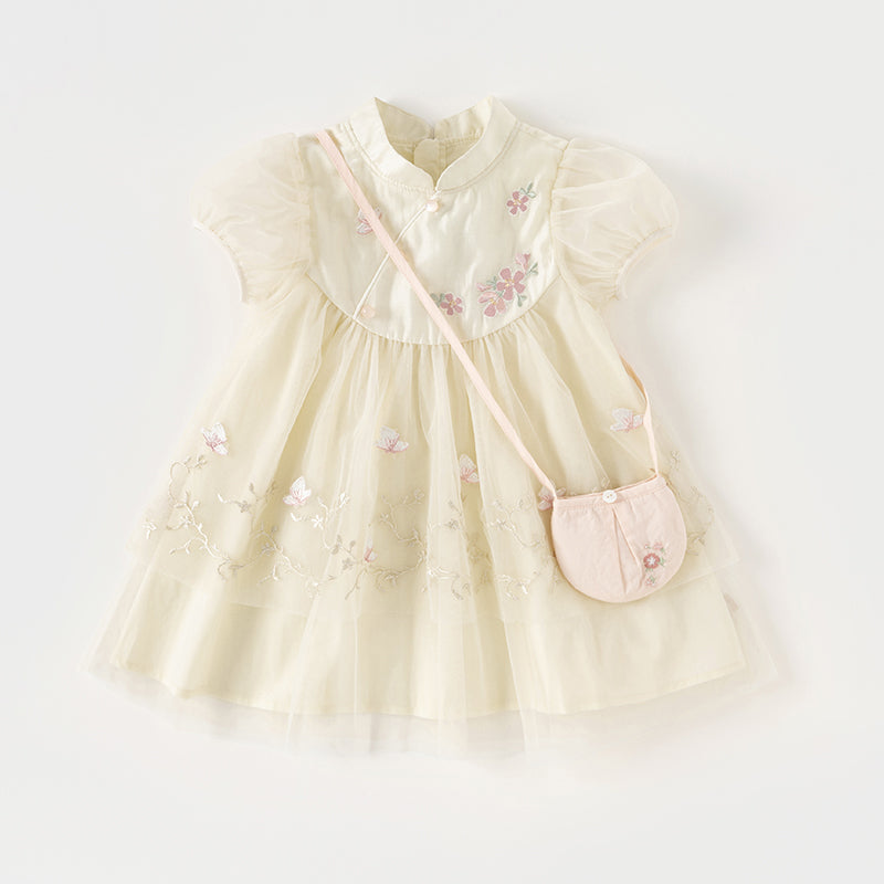 فستان بنات صيفي من التول باللون الأصفر الزجاجي بأسلوب صيني عصري (يشمل حقيبة كروس)