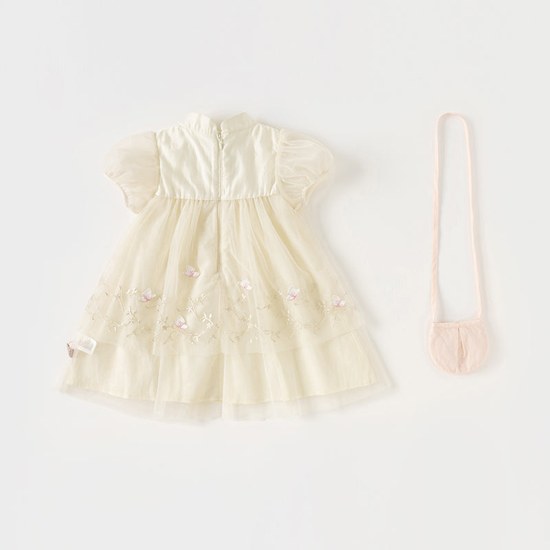 فستان بنات صيفي من التول باللون الأصفر الزجاجي بأسلوب صيني عصري (يشمل حقيبة كروس)