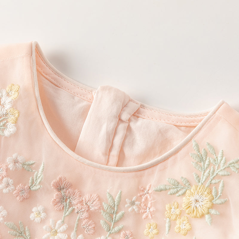 فستان صيفي للبنات الصغيرات من التول الأبيض/الوردي مزين بتطريز زهور بتصميم أميري