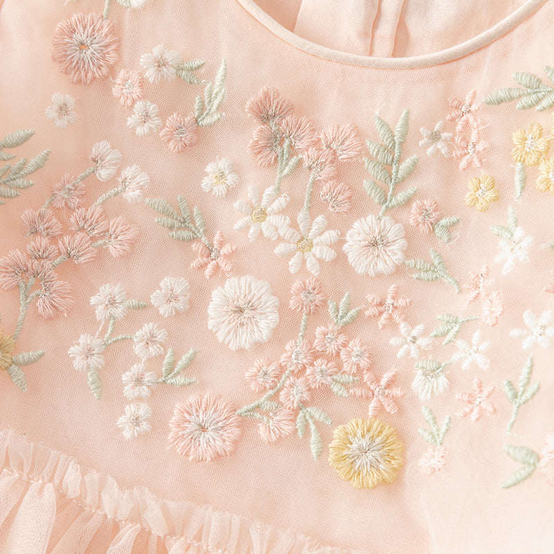 فستان صيفي للبنات الصغيرات من التول الأبيض/الوردي مزين بتطريز زهور بتصميم أميري