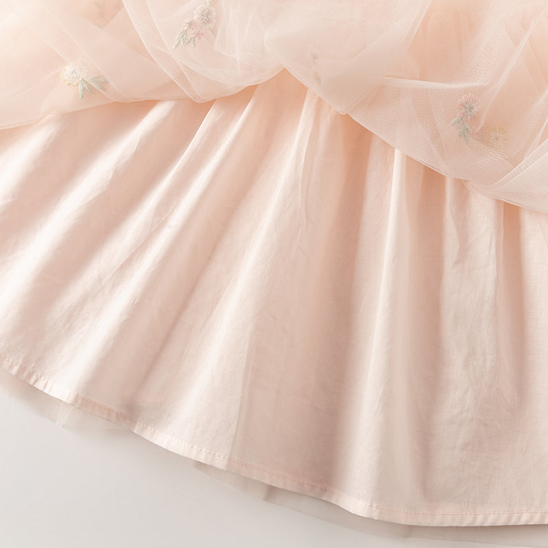 فستان صيفي للبنات الصغيرات من التول الأبيض/الوردي مزين بتطريز زهور بتصميم أميري