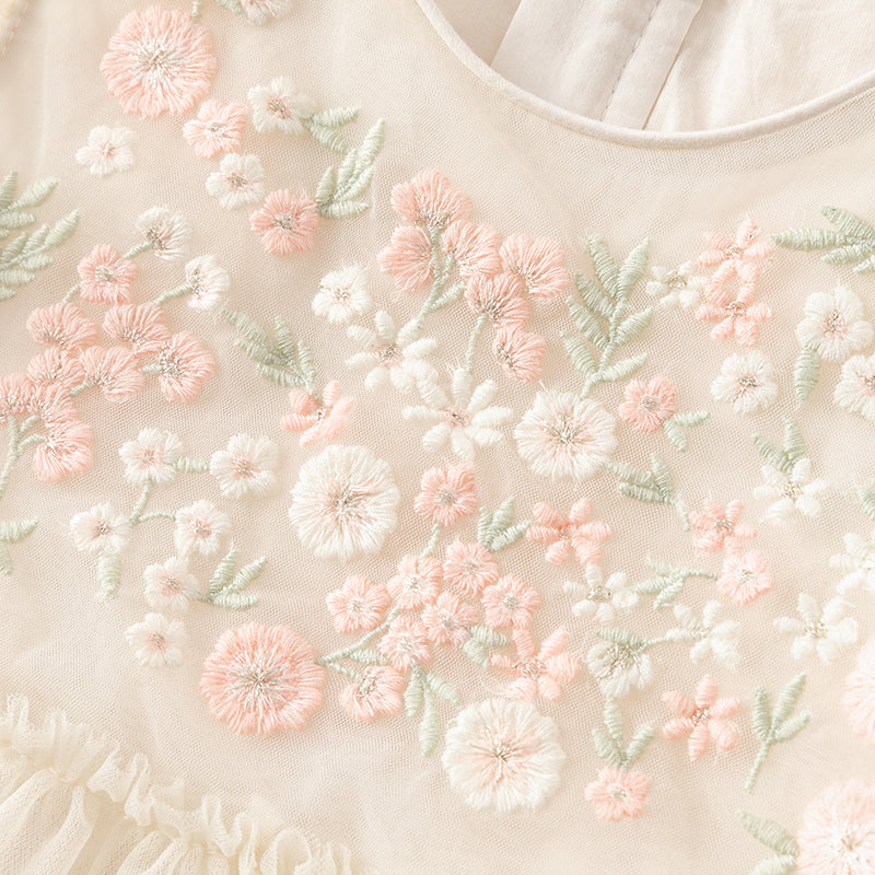 فستان صيفي للبنات الصغيرات من التول الأبيض/الوردي مزين بتطريز زهور بتصميم أميري