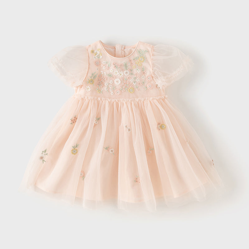 فستان صيفي للبنات الصغيرات من التول الأبيض/الوردي مزين بتطريز زهور بتصميم أميري