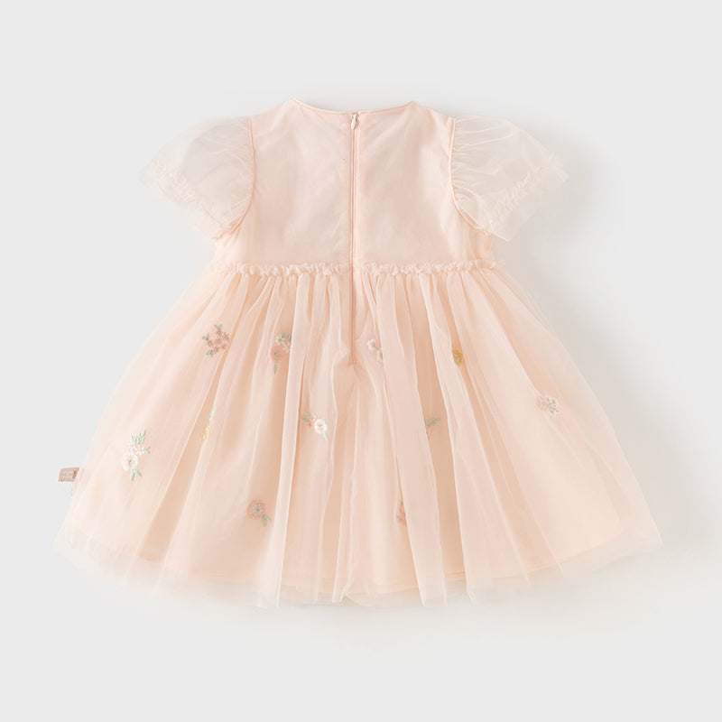 فستان صيفي للبنات الصغيرات من التول الأبيض/الوردي مزين بتطريز زهور بتصميم أميري