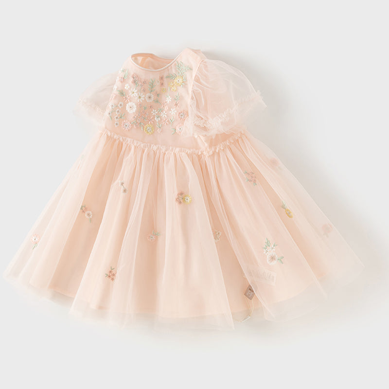 فستان صيفي للبنات الصغيرات من التول الأبيض/الوردي مزين بتطريز زهور بتصميم أميري