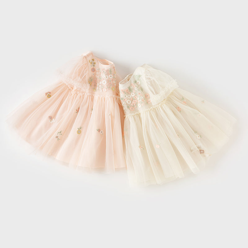 فستان صيفي للبنات الصغيرات من التول الأبيض/الوردي مزين بتطريز زهور بتصميم أميري