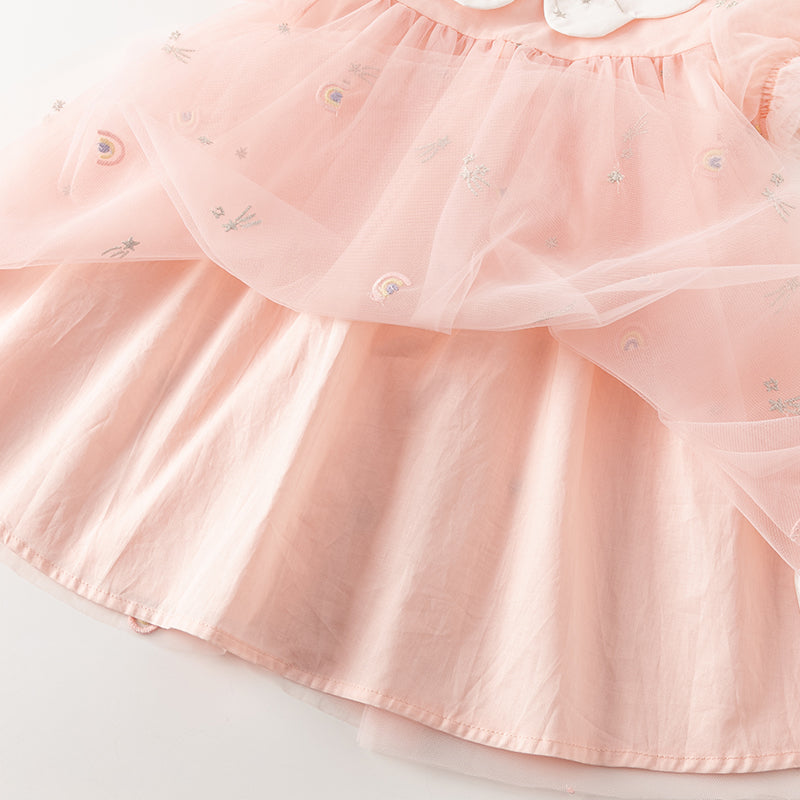 فستان صيفي للبنات الصغيرات من التول الوردي مع تطريز طفولي (يشمل حقيبة كروس)