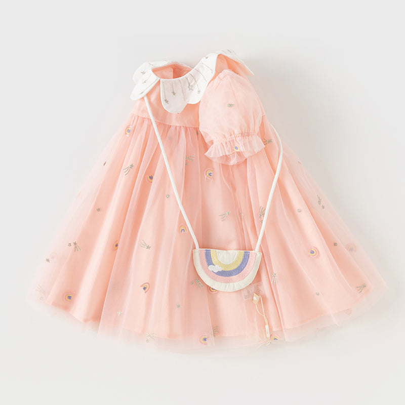 فستان صيفي للبنات الصغيرات من التول الوردي مع تطريز طفولي (يشمل حقيبة كروس)
