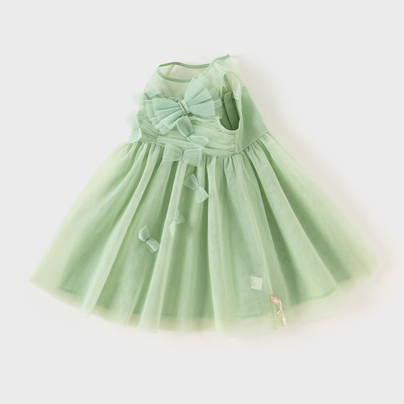 فستان صيفي للبنات الصغيرات من التول الأخضر بدون أكمام بتصميم مناسب للحفلات