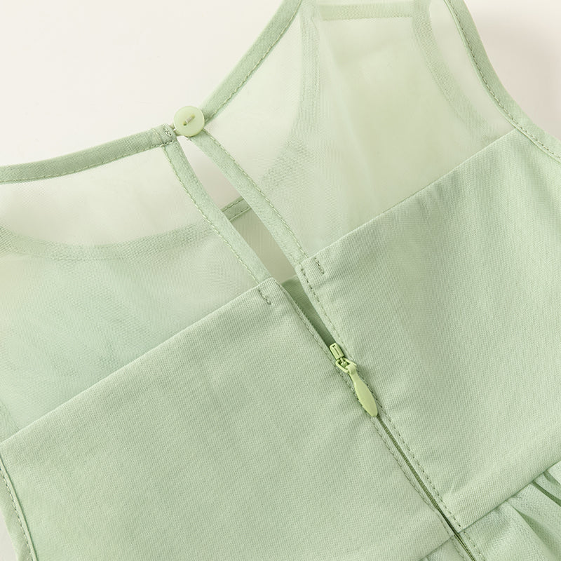 فستان صيفي للبنات الصغيرات من التول الأخضر بدون أكمام بتصميم مناسب للحفلات