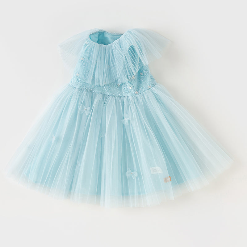 فستان بنات صيفي من التول باللون الأزرق الفاتح مع ياقة دانتيل أنيقة
