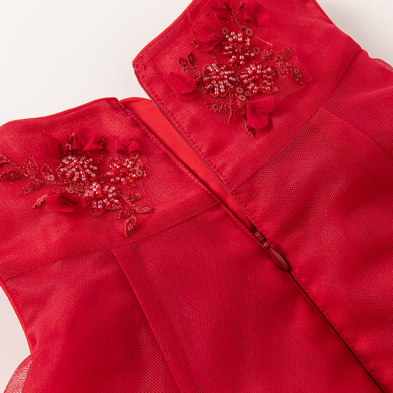 فستان حفلة أميرة صيفي للبنات باللون الأحمر بدون أكمام بتصميم فاخر