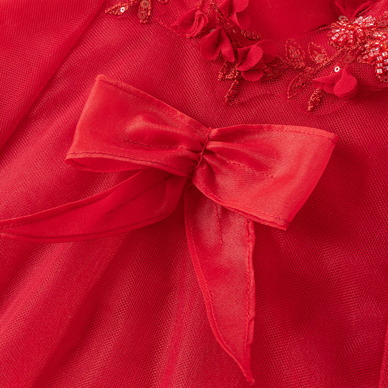 فستان حفلة أميرة صيفي للبنات باللون الأحمر بدون أكمام بتصميم فاخر
