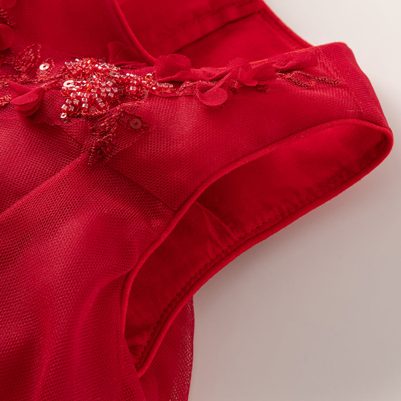 فستان حفلة أميرة صيفي للبنات باللون الأحمر بدون أكمام بتصميم فاخر