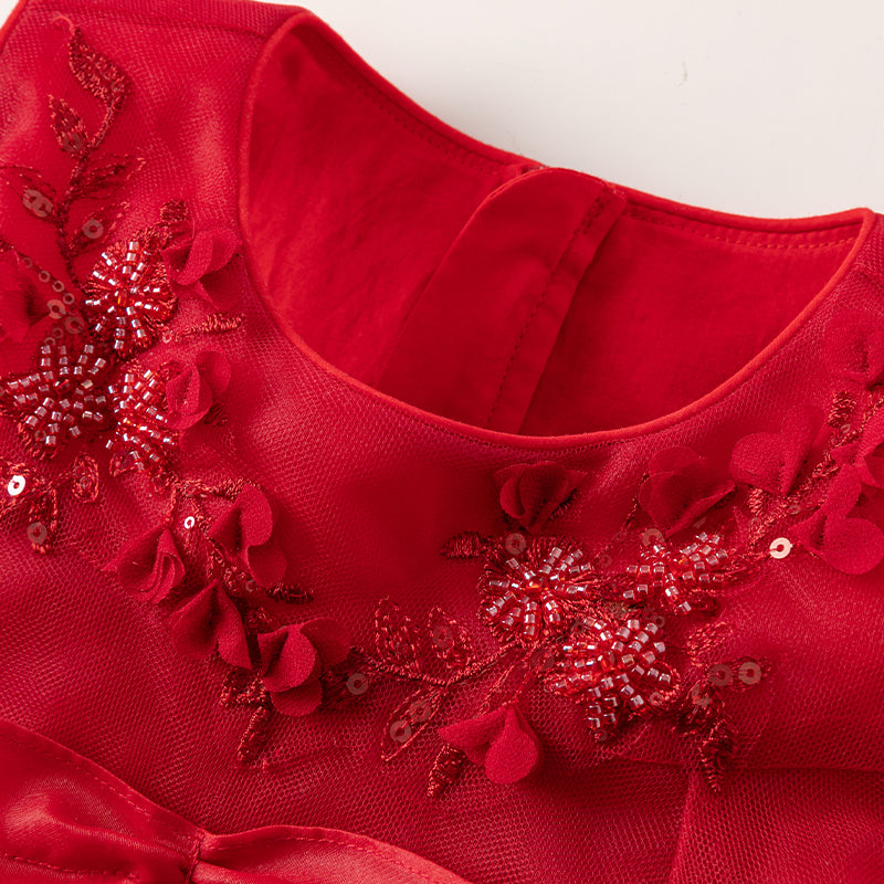 فستان حفلة أميرة صيفي للبنات باللون الأحمر بدون أكمام بتصميم فاخر