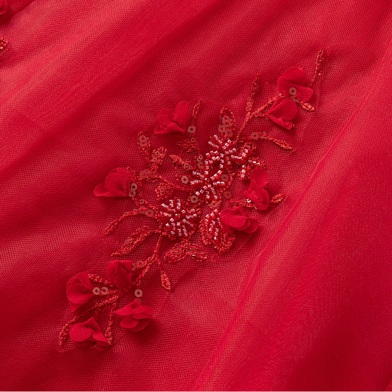 فستان حفلة أميرة صيفي للبنات باللون الأحمر بدون أكمام بتصميم فاخر